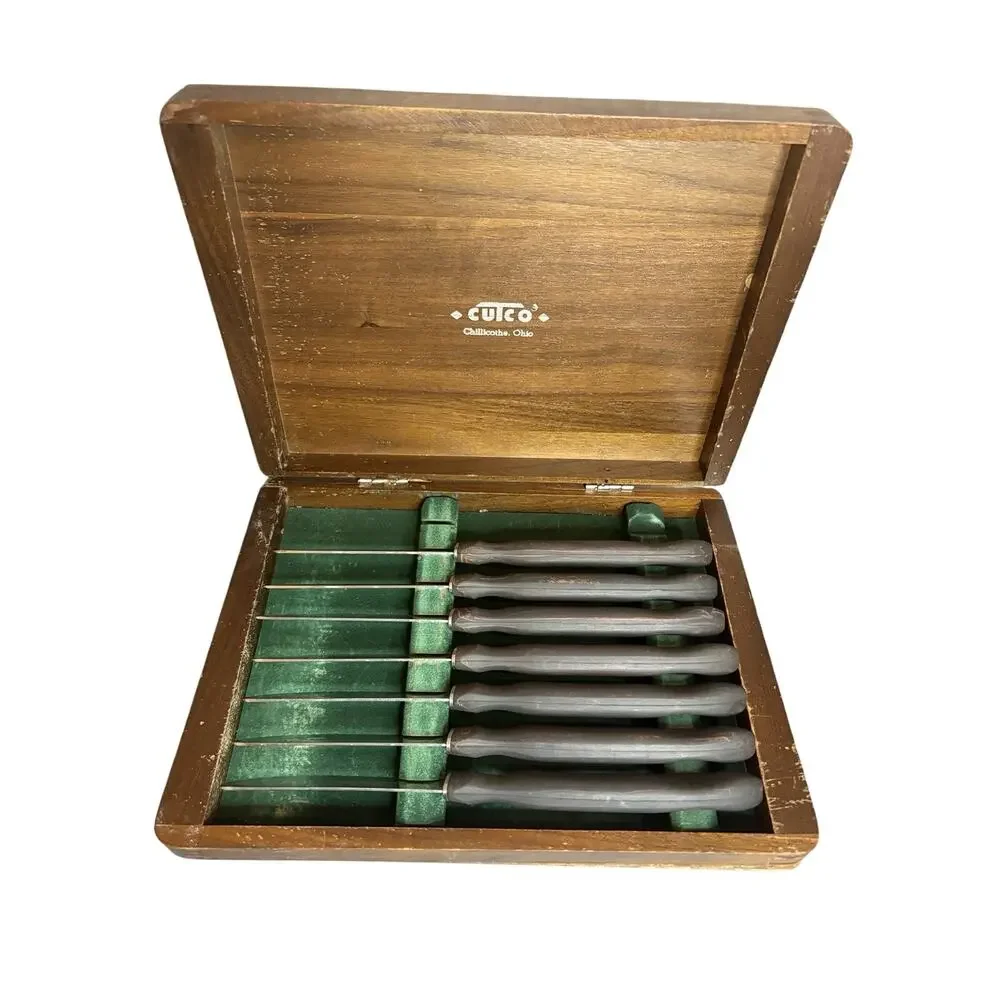 Vintage Set of 7 CUTCO 1058 Serrated Steak Knives In Wooden Box Bakelite Swirl